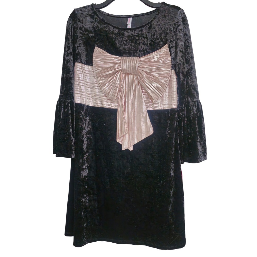 Black Dress Xhilaration Crushed Velvet Gold Bow Party Christmas Size M NWT